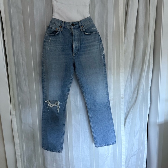 AGOLDE High Rise Straight Leg Distressed Light Wash Jeans W24 RILEY STRAIGHT - Picture 3 of 14